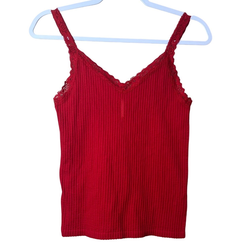 No Boundaries Red Ribbed Lace Trim Camisole Top Adjustable Straps Womens Large